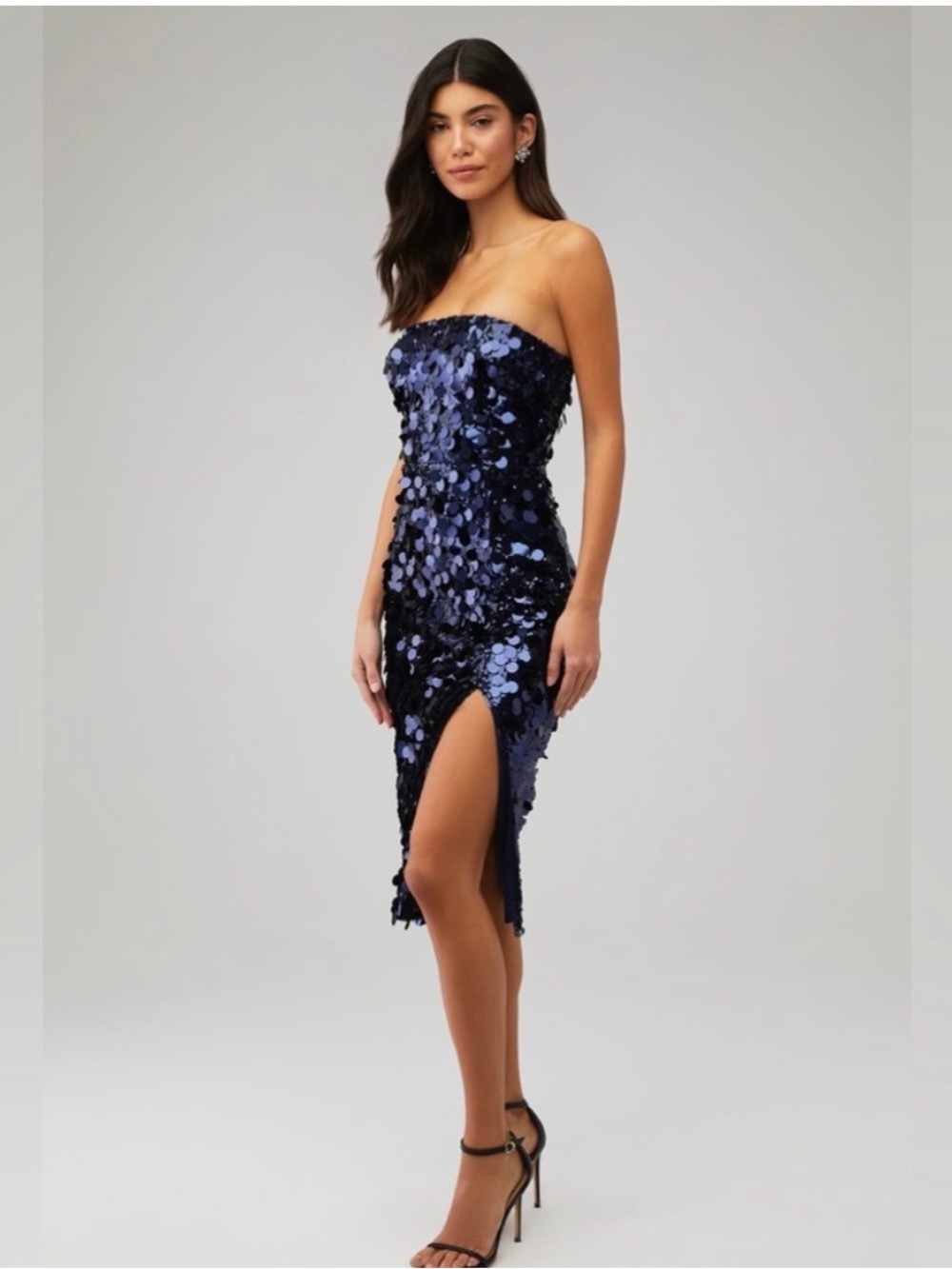 Amanda Uprichard Armelle Navy Sequin Strapless Midi Dress Size Small